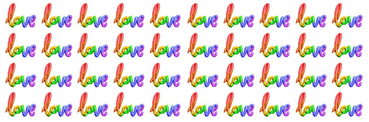 Love word of a rainbow balloon on a white background. Rainbow background. LGBT flag movement, gay parade homosexuality and transgender rights. Declaration of love. Valentine's Day. Neon lighting