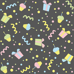 Seamless colorful pattern with cakes and presents on gray background. Vector illustration for celebration prints