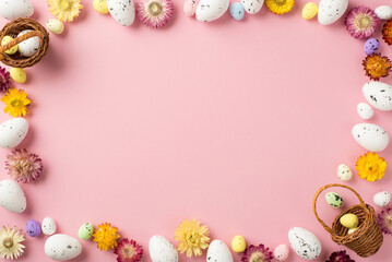 Fototapeta na wymiar Top view photo of easter decorations field flowers and easter baskets with eggs on isolated pastel pink background with empty space in the middle
