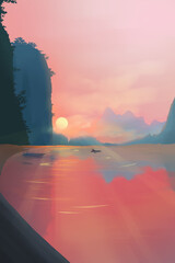 Een mooi beeld van een groot meer bij zonsondergang. Heel mooie kleurstelling