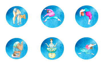 Set of blue icons, web buttons with training overweight yoga women on blue watercolor background. Yoga women stickers