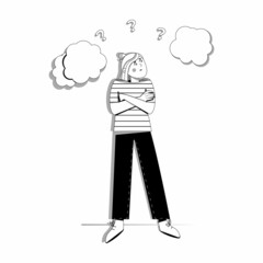 Female character thinking and making a decision with arms folded across chest. Making multiple choices concept. Flat vector illustration