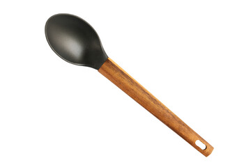 Plastic kitchen spoon with wooden handle isolated on white