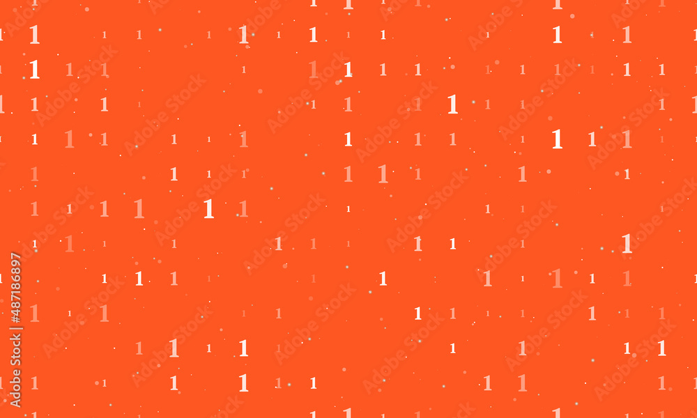 Poster Seamless background pattern of evenly spaced white number one symbols of different sizes and opacity. Vector illustration on deep orange background with stars