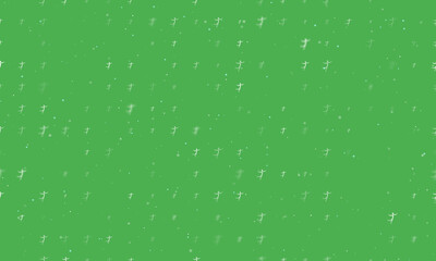Seamless background pattern of evenly spaced white figure skating symbols of different sizes and opacity. Vector illustration on green background with stars