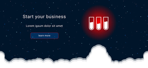 Business startup concept Landing page screen. The water game symbol on the right is highlighted in bright red. Vector illustration on dark blue background with stars and curly clouds from below