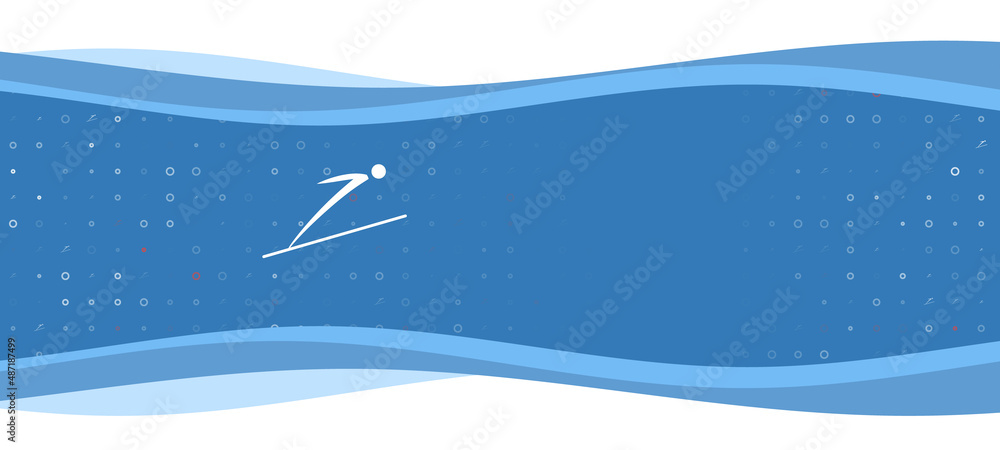 Poster Blue wavy banner with a white Ski jumping symbol on the left. On the background there are small white shapes, some are highlighted in red. There is an empty space for text on the right side