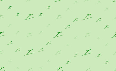 Seamless pattern of large and small green Ski jumping symbols. The elements are arranged in a wavy. Vector illustration on light green background