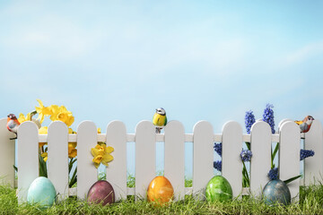 Spring grass and wooden fence with easter eggs and flowers on cloudy sky