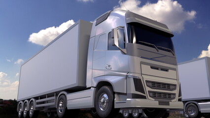 White semi trucks loading or unloading. Cargo logistics concept. 3d rendering