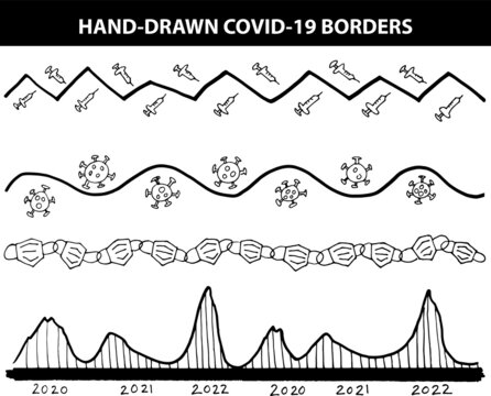 Hand-Drawn COVID-19 Borders Illustrations with Vaccines, Masks, Chart and Virus
