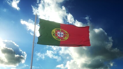 Flag of Portugal waving at wind against beautiful blue sky. 3d rendering