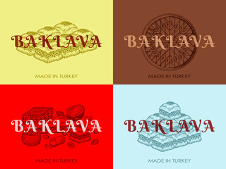 Sketch drawing set of Turkish baklava logo isolated on colorful background. Hand drawn oriental sweets icons. Arabian desserts, nuts, honey, asian snack. Engraved food packaging. Vector illustration.