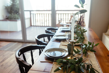 Table served for dinner, close up view