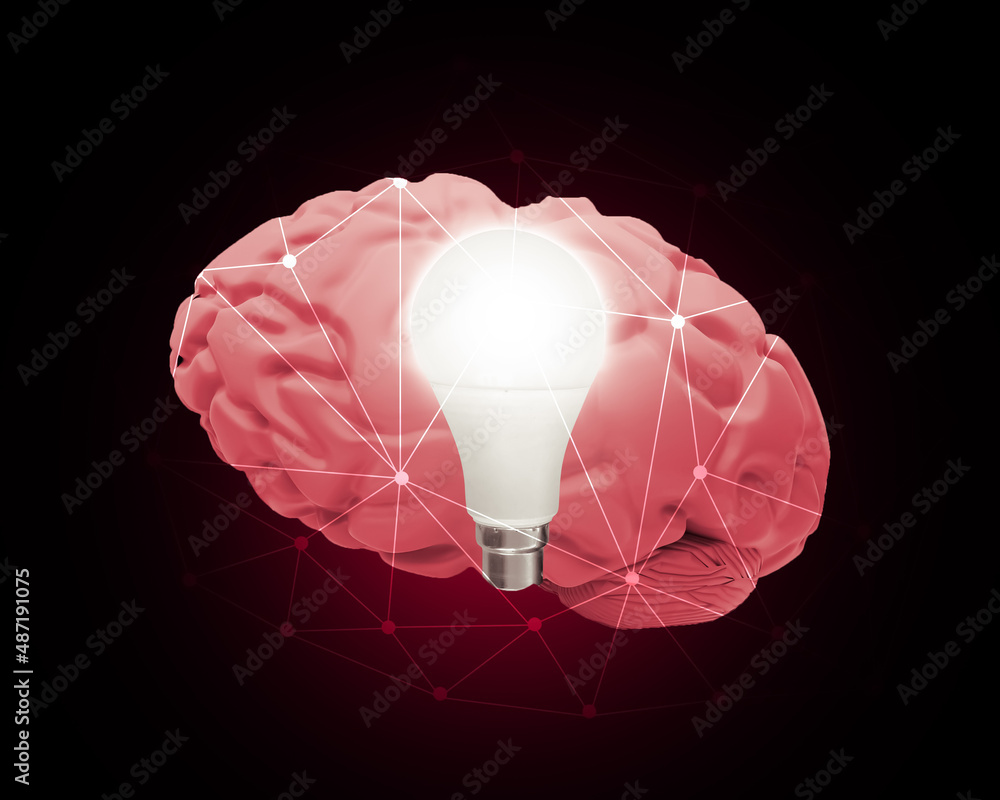 Poster ideas generating inside brain, 3d rendered conceptual background with nodes connecting the brain and