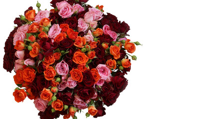 A huge bouquet of scarlet, burgundy and pink fresh roses close-up. Highlighted on white. Lateral localization. Place for text.