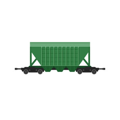 Freight rail wagon for bulk materials. Covered green freight rail boxcar.