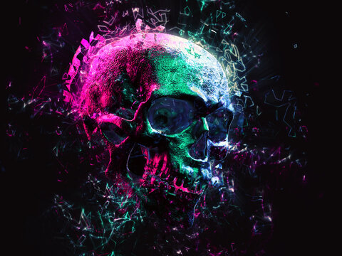 Neon synthwave skull exploding into shining polygons - 3D Illustration