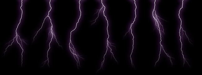 Set of different lightning bolts isolated on black background - obrazy, fototapety, plakaty
