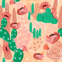Foto op Plexiglas Cute seamless repeat pattern with blooming cacti and abstract shapes.Vector hand drawn illustration in flat cartoon style.Trendy floral background and texture for printing on fabrics and paper. © Alla
