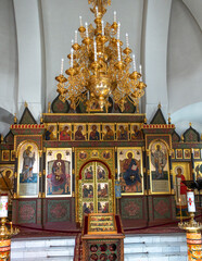 Saratov, Russia. October 13, 2021. Iconostasis of the Temple in honor of the icon of the Mother of God. Comfort my sorrows in Saratov.