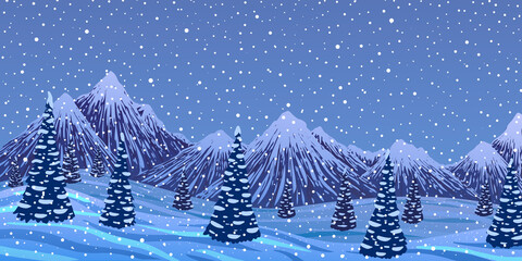 Vector abstract winter panorama landscape. Mountains trees forest against blue background of falling snow.