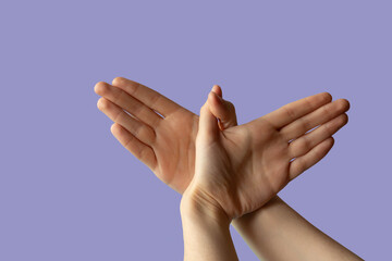 Silhouette of a hand gesture similar to a bird flying on a lilac background