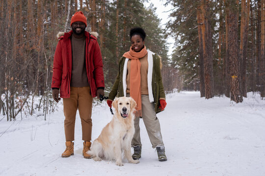 Portrait of African happy couple smiling at camera standing in winter forest with their cute dog