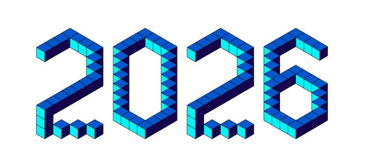 New Year 2026 design from blue cubes on white. 8 bit isometric style.