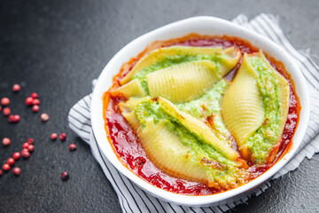 pasta stuffing spinach cheese conchiglie garnish healthy meal food snack on the table copy space food background 