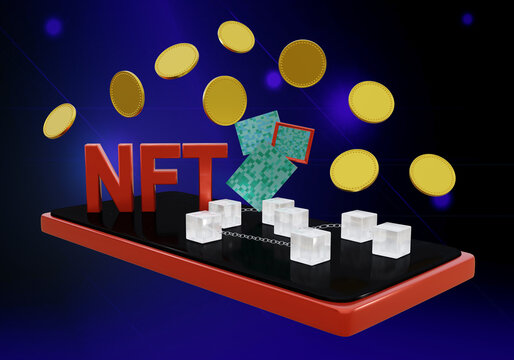 NFT mit Krypto Kunst, Blockchain und blanken Münzen . 3d rendering