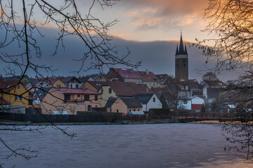 Telc old historical town in winter frosty morning before sunrise