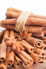 Anise stars and cinnamon sticks. Aromatic spices close-up