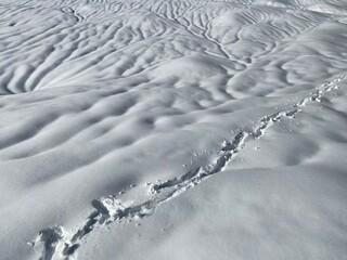 Wonderful winter hiking trails and traces on the fresh alpine snow cover of the Swiss Alps, Schw&auml;galp (or Schwaegalp) mountain pass - Canton of Appenzell Ausserrhoden, Switzerland (Schweiz)