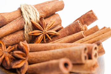 Anise stars and cinnamon sticks. Aromatic spices close-up