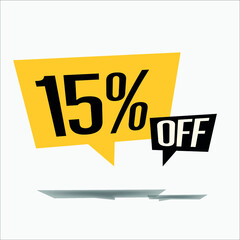 15% off discount sticker sale yellow tag isolated vector illustration. discount offer price label, vector price discount symbol floating