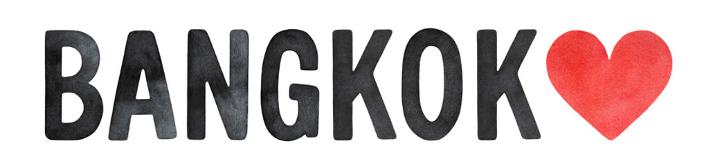 Watercolour illustration of Bangkok text lettering decorated with red love heart shape. Hand painted water color drawing, isolated clipart element for design decoration, postcard, street sign, label.