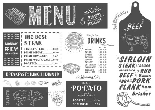 Steak menu for restaurant and cafe. Retro Menu Restaurant poster. Hand-drawn graphic illustrations. Vector. 