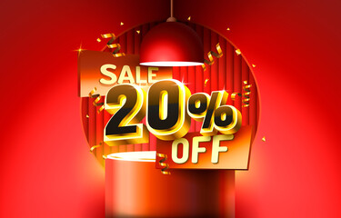 20 Off. Discount creative composition. 3d sale symbol with decorative objects, golden confetti, podium and gift box. Sale banner and poster. Vector