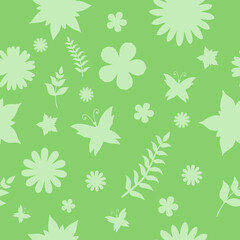 Spring vector green seamless background with flowers, leaves and butterfly