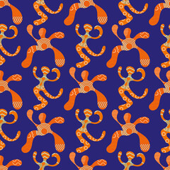 Funky dancing people vector pattern background. Fun backdrop of abstract dance figures with memphis design style texture. Indigo, orange repeat. Naive hand drawn all over print for tropical vibe