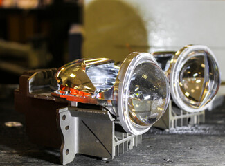 LED lenses taken from a car headlight close-up.  Repair and tuning of cars. Headlight repair....