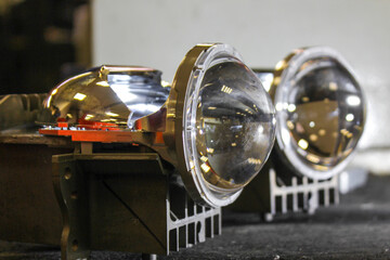 LED lenses taken from a car headlight close-up.  Repair and tuning of cars. Headlight repair....