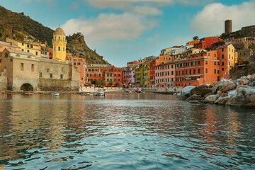 View of beautiful Vernazza village on the coastline of Cinque Terre by the Ligurian Sea, Italy