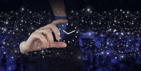 Business Life time passing management business plans concept. Hand hold digital hologram clock sign...
