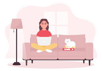The girl works at home on the couch with a laptop. Freelancer, work from home. Vector illustration in a flat style