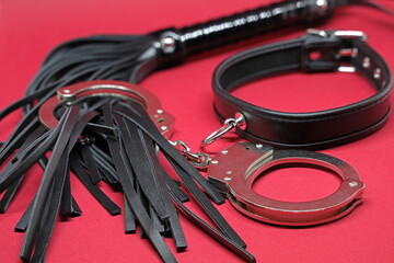 whip, leather collar and hand cuffs 