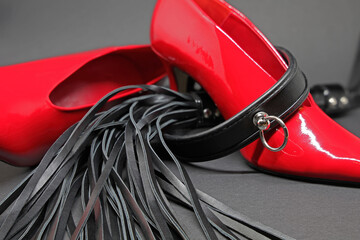 red hig heels, a leather collar and a whip
