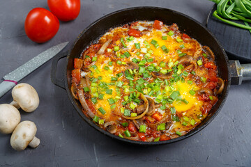 Shakshuka in a frying pan on a gray background next to green onions, tomatoes and champignons.
