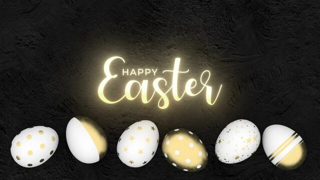 White rolling eggs with gold pattern decoration on a black stone background with top view. Happy Easter, traditional spring holiday creative concept